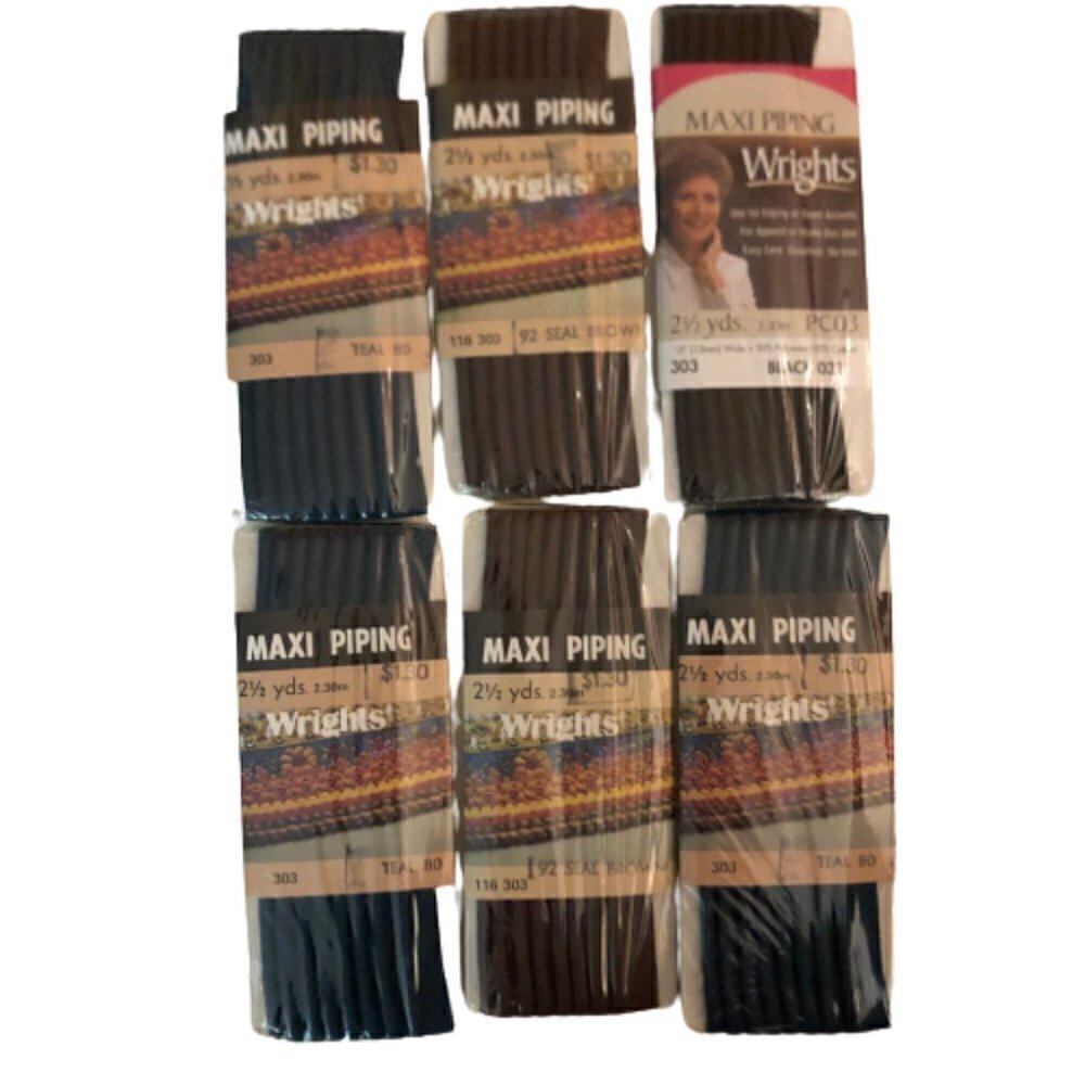 6 packs Wrights Maxi Piping 1/2" x 2 1/2yds Black, Seal Brown, Teal #2512
